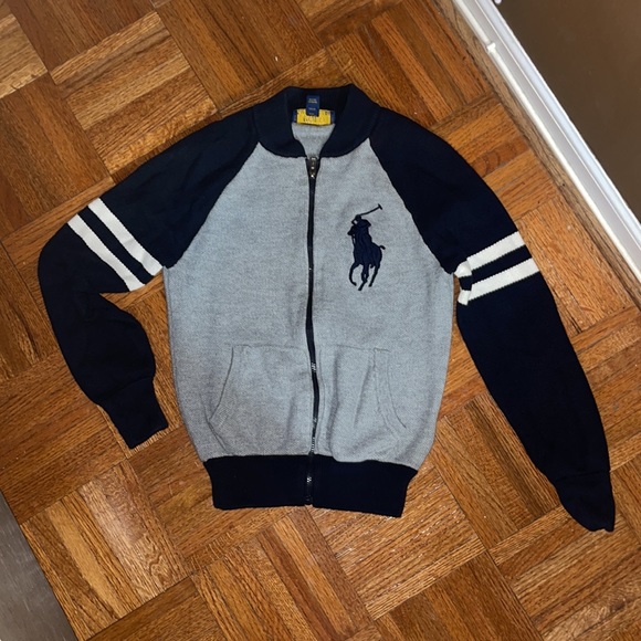Polo Ralph Lauren Gray and Navy LARGE Polo man full zippered sweater size 8 - Picture 2 of 6